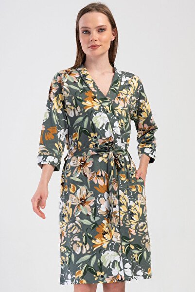 VİENETTA Women's Floral Patterned Shawl Collar Belted Capri Sleeve Green Dres...