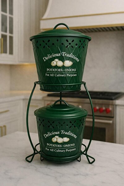 ozbience Çift Katlı Metal Patates ve Soğan Saklama Standı, Şık ve Havalandırmalı