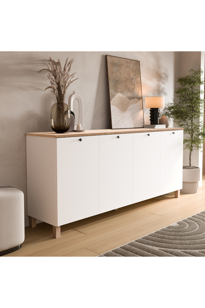 Yurudesign Nord Konsol 4 Kapaklı Ahşap Ayaklı 180cm Sepet-Beyaz ND4-SW