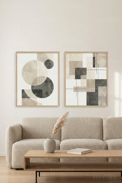 Tontilika Modern Geometrik Denge 2’li Ahşap Çerçeveli Tablo Seti