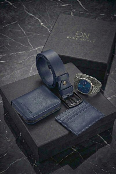 Duke Nickle Erkek Gümüş Kol Saati Lacivert Kemer Cüzdan Kartlık Seti Kutulu