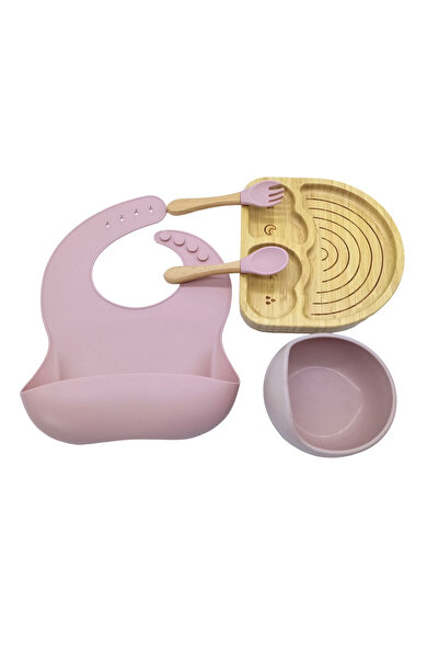 Zenva Set de hrănire din bambus pentru diversificare, 6+ luni, 5 piese, culoare roz, model curcubeu