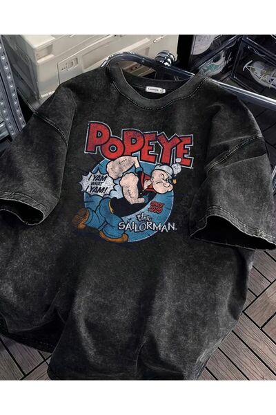 Le Savu تي شيرت Popeye مطبوع قابل للغسل للجنسين قصة فضفاضة فينتاج