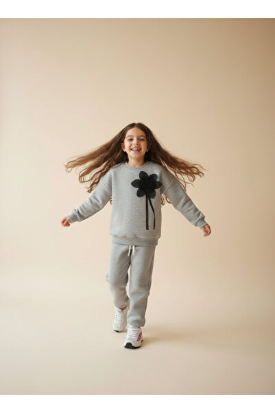 Dimoi Kids Girl's Gray Bow Detail Sweatshirt - Loose Fit Leggings Set
