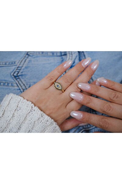 ATELİER TUĞBA خاتم YZK203 قابل للتعديل مزين بحجر أزرق وشكل عين الشر