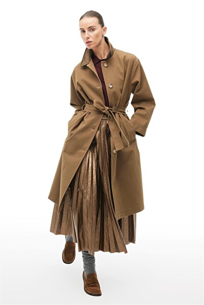 Perspective Oil Green Classic Collar Below-Knee Trench Coat