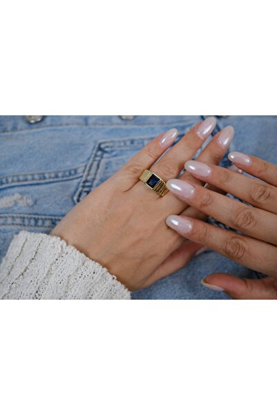 ATELİER TUĞBA خاتم YZK194 ذهبي اللون بتفاصيل مستطيلة وقابل للتعديل