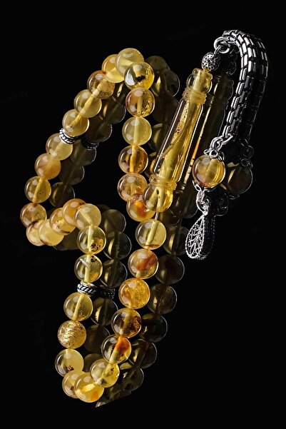 TESBİHCİBABA Tamamen Doğal Yapısıyla Fosilli Damla Kehribar Tesbih