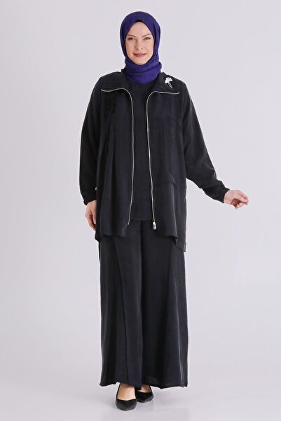 behrem Büyük Beden Tesettür Cupro Üçlü Pantolonlu Takım 70021 Siyah