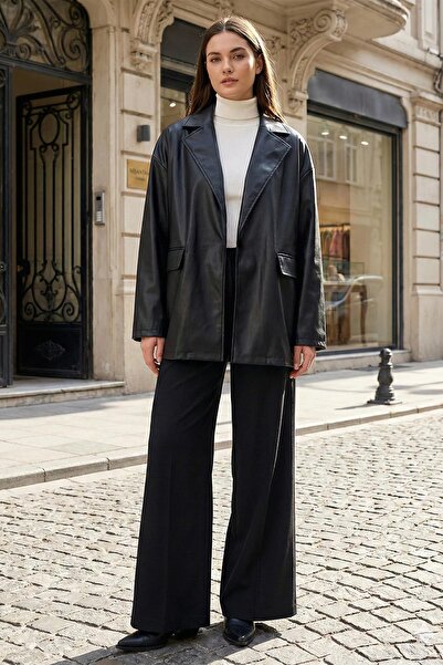 SENSTIL قصة فضفاضة سترة جلدية نسائية باللون الأسود SS2270