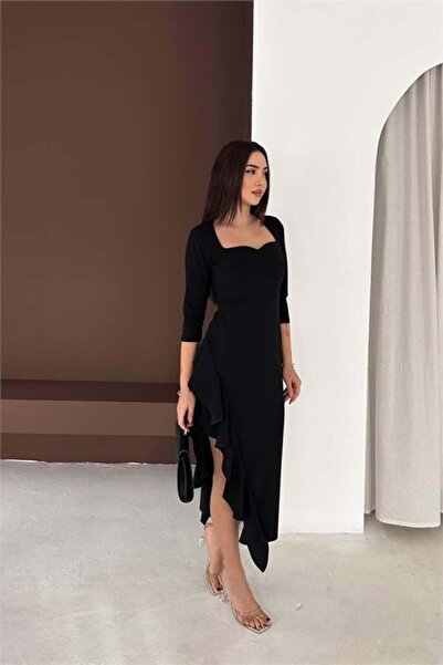 Dipmoda Fusta neagră de damă cu volane asimetrică croială decolteu pătrat rochie