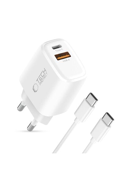 Tech-Protect NCA30, încărcător rapid cu două porturi de 30 W, USB/USB-C, alb