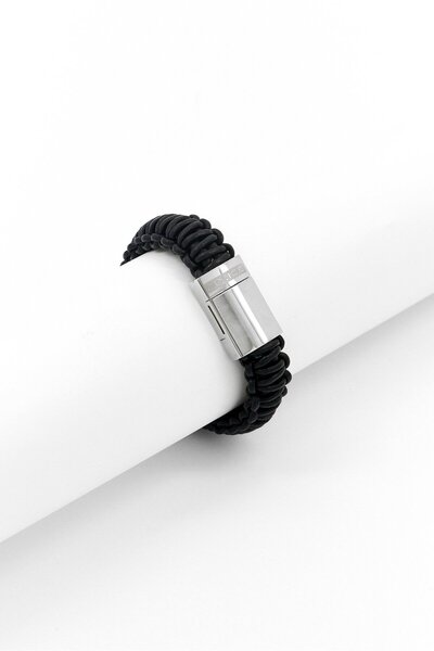 Police سوار رجالي من جلد البقر المنسوج، أسود