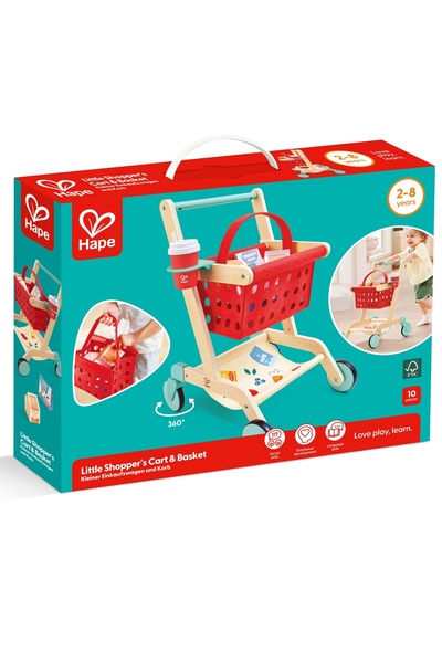 Hape Set de joaca 2 in 1 din lemn, Hape, carucior de cumparaturi si cos