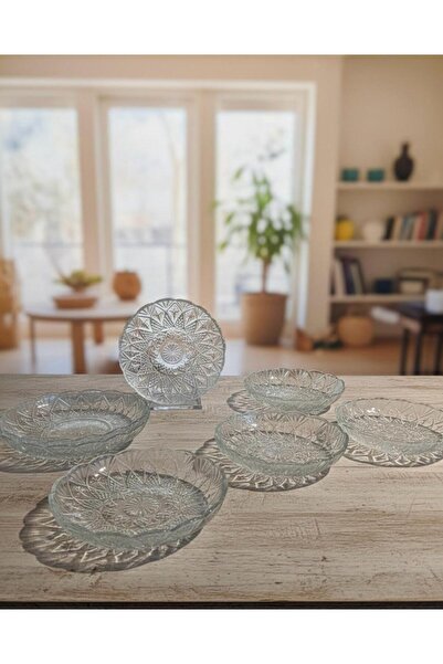 zaTen Pazar 6’lı Kristal Cam Sunum Tabağı Seti - Vintage Çiçek Desenli Çay Ta...