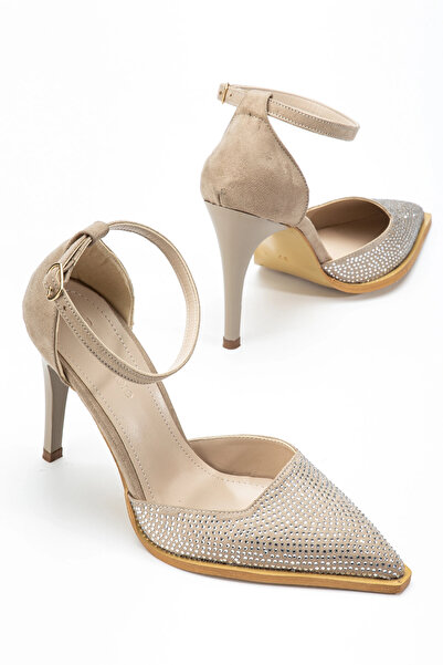 bakacstore Γυναικεία παπούτσια με τακούνι σε μπεζ χρώμα, γυαλιστερό πέτρινο ύ...