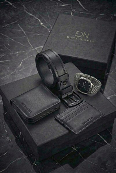 Duke Nickle Erkek Gümüş Kol Saati Siyah Kemer Cüzdan Kartlık Seti Kutulu