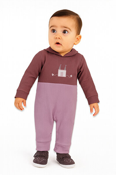 Lilo Co Baby Long Sleeve Ribbed Romper with Embroidered House – Pink/Brown