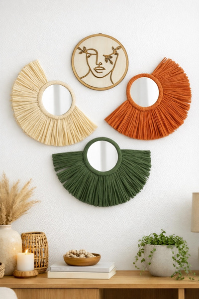 Bubihome Bohem Duvar Dekoru Aynalı 4’lü Set – Rafya Ayna 3 Adet & Ahşap Kadın...