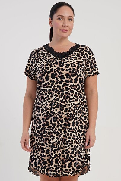 VİENETTA Women's Plus Size Lace Leopard Pattern Short Sleeve Nightgown Tunic ...