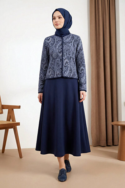 MODAQU Authentic Pattern Scuba Skirt Suit - Navy Blue