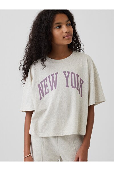 GAP Kız Çocuk Açık Gri Oversized Grafik Baskılı T-Shirt