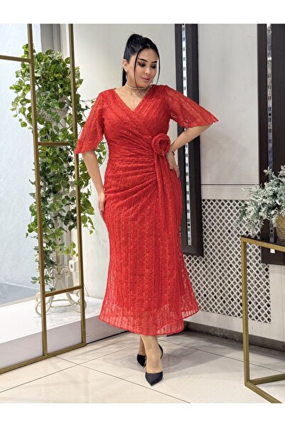 live forever Büyük Beden Kruvaze Yaka Dantel Abiye Elbise