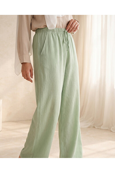 Modamorfo Γυναικείο λινό παντελόνι με φαρδύ πόδι 6735 - E.Green