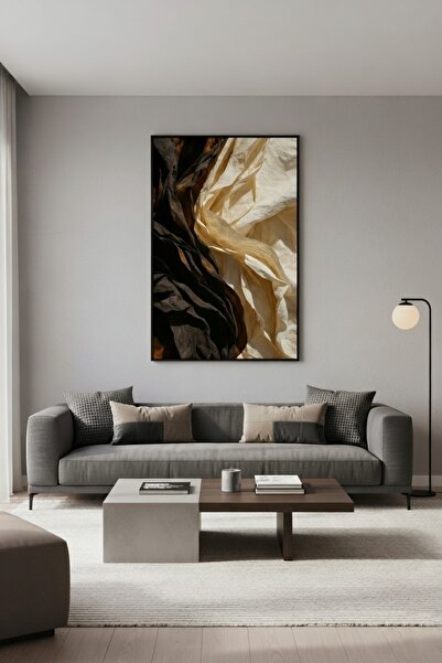 hollywest Lüks Siyah ve Krem Kumaş Formlu Duvar Sanatı | Modern Çerçeveli Tablo