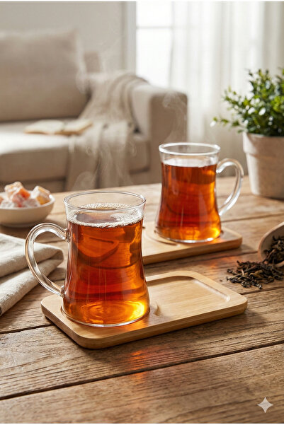 Homerest 4'lü Borosilikat Çay Seti, Bambu Altlıklı 2'li Çay Bardağı, Sunumluk...