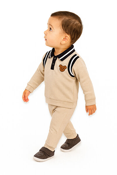 Lilo Co Baby Boy Ribbed Polo Sweatshirt & Pants Set – Beige