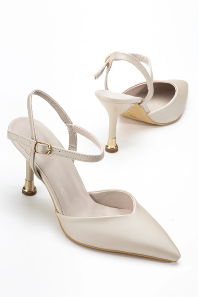 bakacstore Kadın Bej Rengi Saten Kumaş Gold Ökçeli Topuklu Ayakkabı