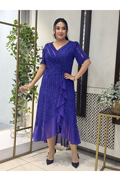 live forever Büyük Beden Kruvaze Yaka Dantel Detaylı Abiye Elbise