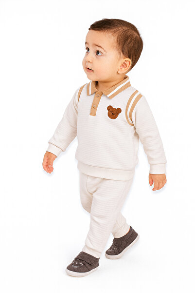 Stylein Baby Boy Ribbed Polo Sweatshirt & Pants Set – White/Beige