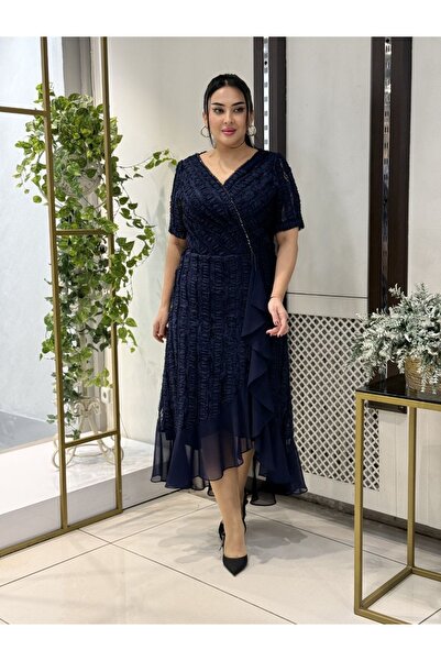 live forever Plus Size Double Breasted Collar Lace Detailed Evening Dress