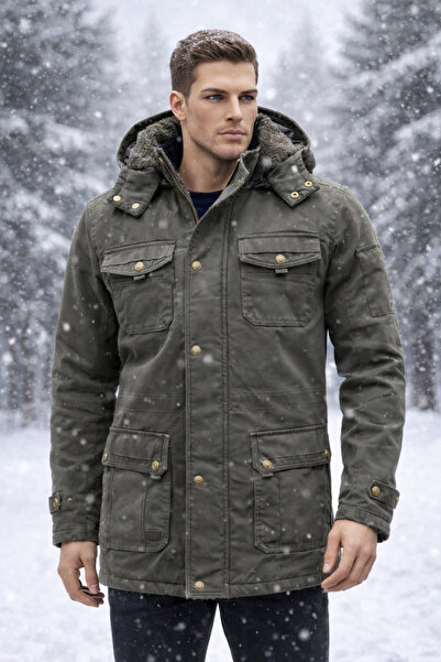 DYNAMO Men's Khaki Color Faux Fur Lined Waterproof Coated Thick Coat