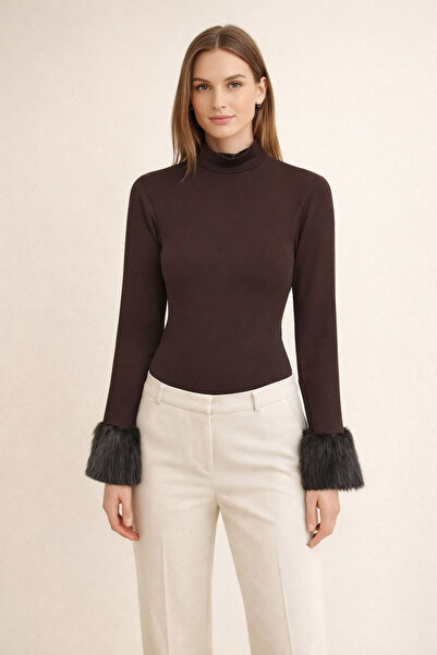 Kirazgym Half-Throated Zip-Up Bodysuit Blouse with Fur Sleeves - Brown
