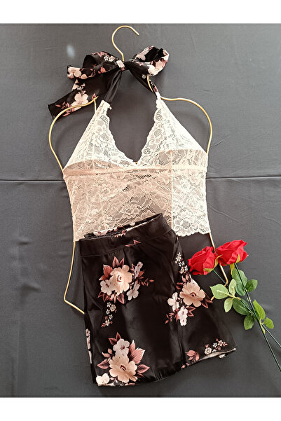 Nightlight Flora Boyun ve Sırt Bağlamalı Dantelli Üst / Çiçek Desenli Kadın Ş...