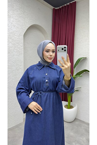 M O L İ T A Beli Bağlamalı Uzun Kot Elbise – Günlük Rahat Denim Elbise