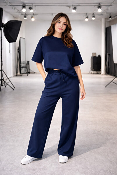 YAKAMEL Women's Crew Neck Summer Short Sleeve Trendy Model Top and Bottom Set