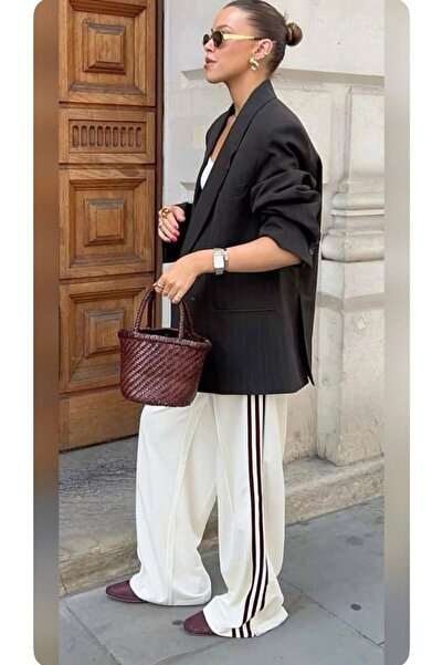 MAESTRO WOMAN Γυναικείο άνετο φαρδύ παντελόνι με λευκές ρίγες και ψηλή μέση