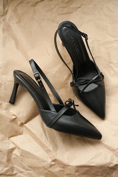 MODAADAM Women's Sinco Bow Heeled Shoes - Black-Leather