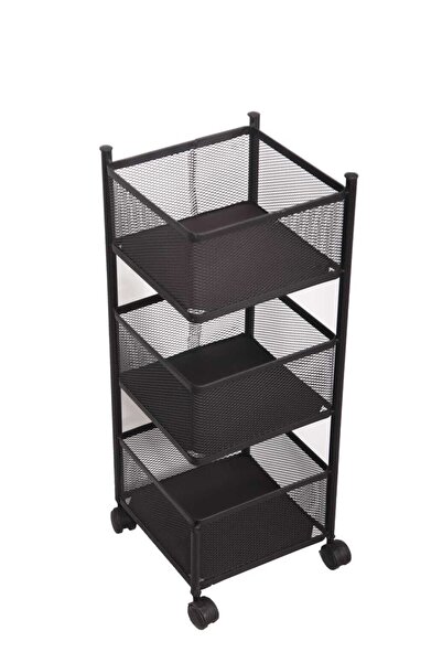 ozbience 3 Katlı Siyah Kare Tekerlekli Sebze ve Meyve Sepeti