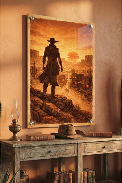 cheteen Western Şehir Gün Batımı Kovboy Figürü Kırılmaz Tablo – Çöl Temalı Du...