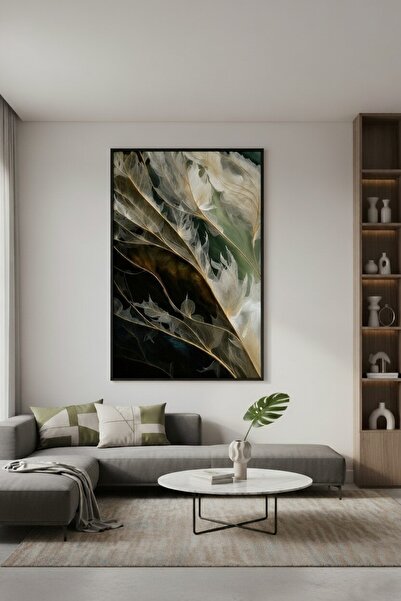 hollywest Lüks Yeşil ve Gold Yaprak Formlu Duvar Sanatı | Modern Çerçeveli Tablo