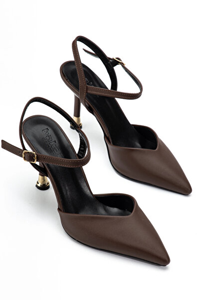 bakacstore Pantofi cu toc înalt din țesătură maro din satin pentru femei