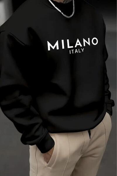 NO 601 Men's Black Milano Italy Crew Neck Hoodless Winter Sweatshirt
