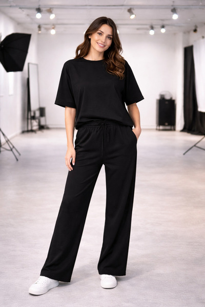 YAKAMEL Women's Crew Neck Summer Short Sleeve Trendy Model Top and Bottom Set