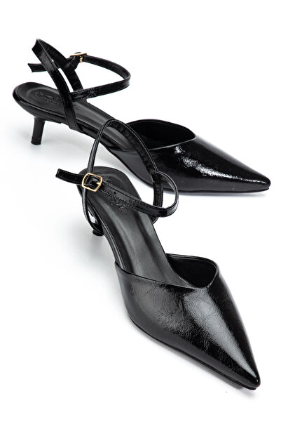 bakacstore Pantofi de damă din piele lacuită neagră, cu vârf ascuțit și toc s...