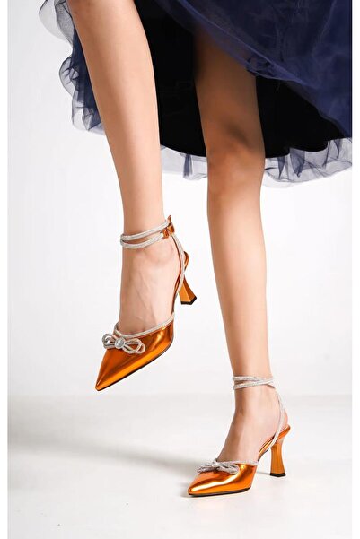 Budi Orange Patent Leather Ankle Strap Heeled Women's Shoes with Stone Bow